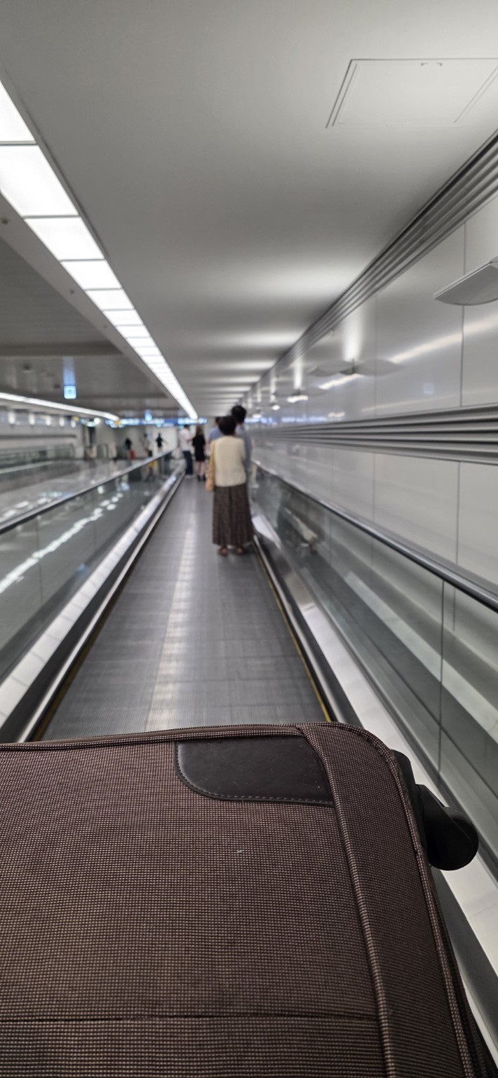 仁川空港の到着動線をスーツケースと進む旅行者